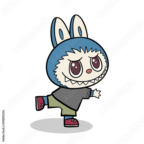 Playful Cartoon Monster in Bunny Hoodie Balancing on One Foot – Cute and Energetic Character