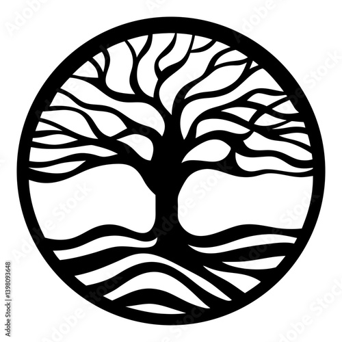 Circular Tree of Life Design Black and White Symbolic Art
