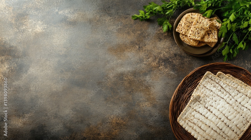 Serving Matzah and Parsley Still Life for Passover Celebration Serving Matzah and Parsley Still Life for Passover Celebration