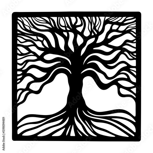 Intricate Black and White Square Tree of Life Illustration Artistic Design