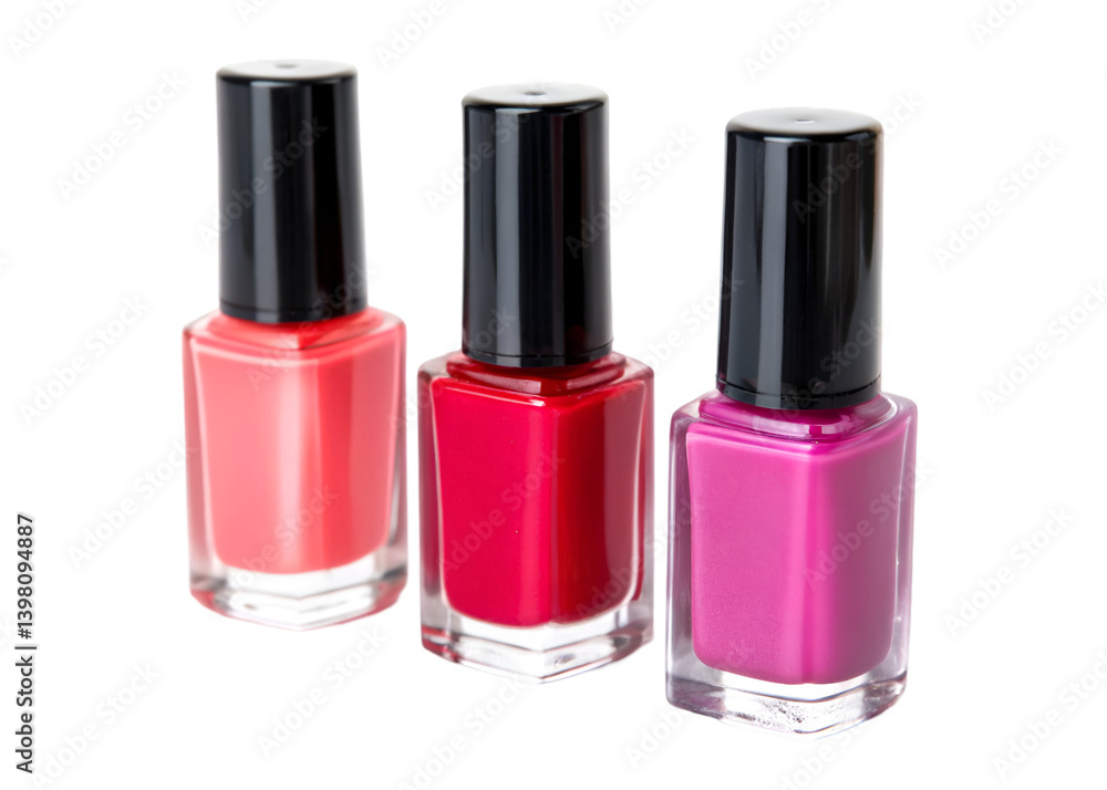 Set of three nail polish bottles in bold colors isolated on transparent background.
Set of three nail polish bottles in bold colors isolated on transparent background.