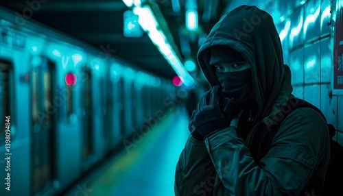 A masked vigilante hiding in the neon shadows of a dystopian subway, adjusting their cybernetic gloves, cinematic noir cyberpunk action