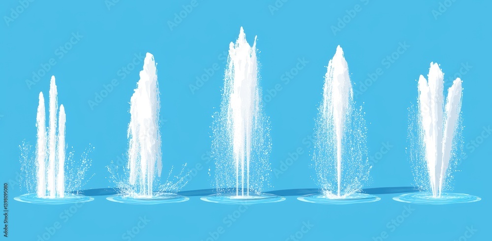 custom made wallpaper toronto digitalWater Fountain Display: An array of ornamental water fountains, exhibiting various spray patterns, is captured against a bright, aquamarine backdrop. Display of pure water movement and elegance.