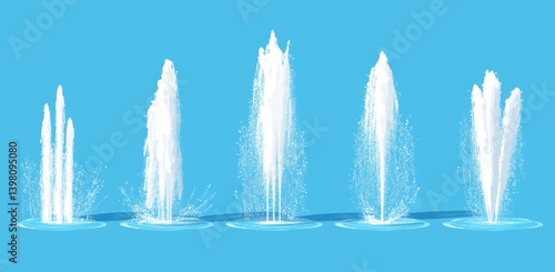 Water Fountain Display: An array of ornamental water fountains, exhibiting various spray patterns, is captured against a bright, aquamarine backdrop. Display of pure water movement and elegance.