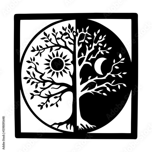Yin Yang Tree of Life Symbol Black and White Framed Design