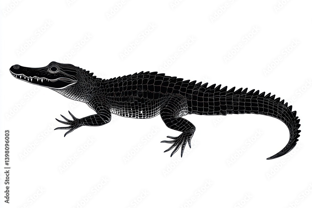 Naklejka premium Black crocodile profile, isolated, white background, reptile illustration, wildlife design