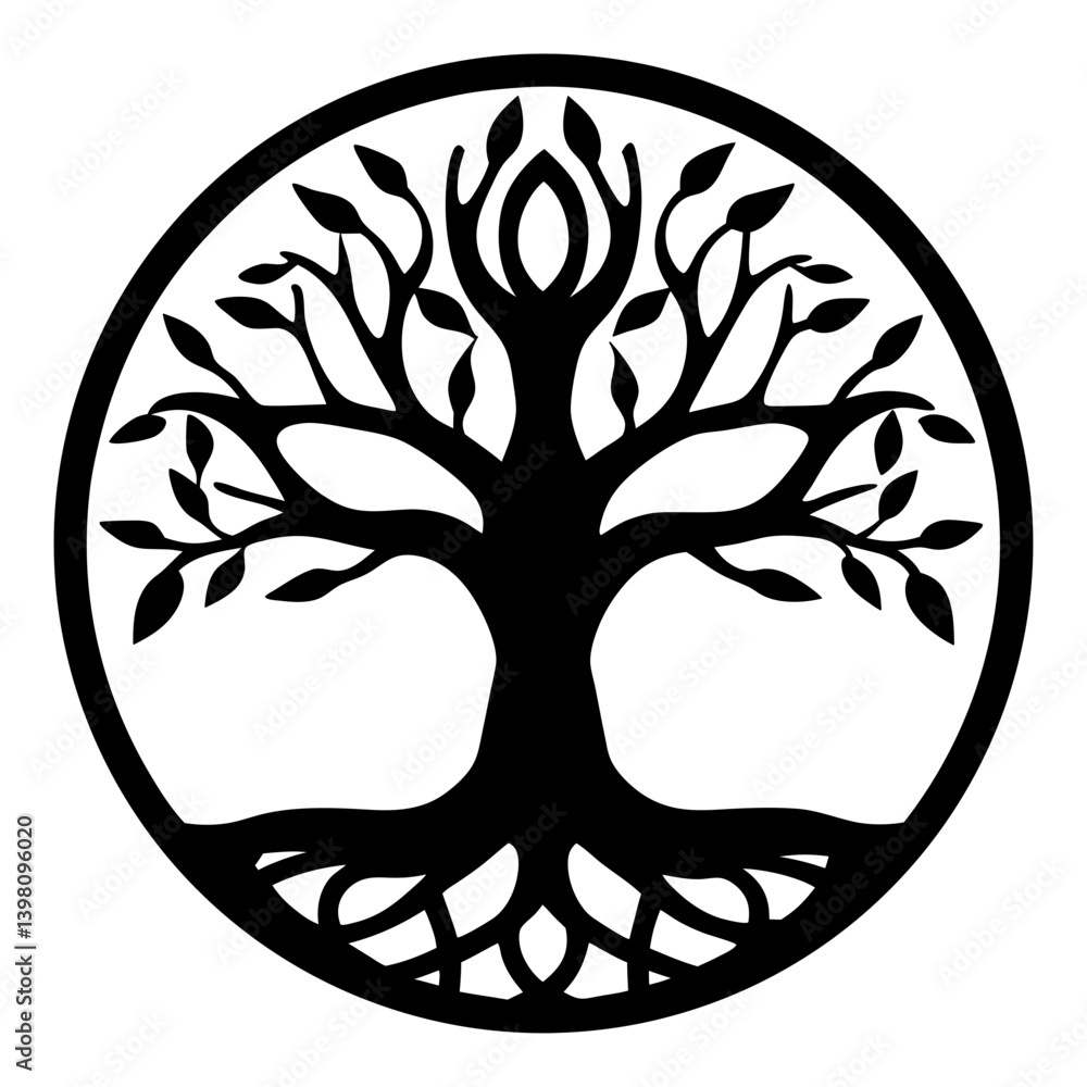Circular Tree of Life Symbol Elegant Black and White Design Mystic Roots Branches Leaves Circular Tree of Life Symbol Elegant Black and White Design Mystic Roots Branches Leaves