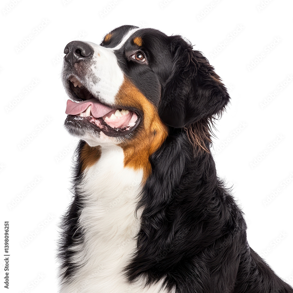 happy Bernese Mountain Dog with fluffy coat looks upward, showcasing its friendly and gentle nature. dog tricolor fur is prominently displayed, highlighting its distinctive markings happy Bernese Mountain Dog with fluffy coat looks upward, showcasing its friendly and gentle nature. dog tricolor fur is prominently displayed, highlighting its distinctive markings