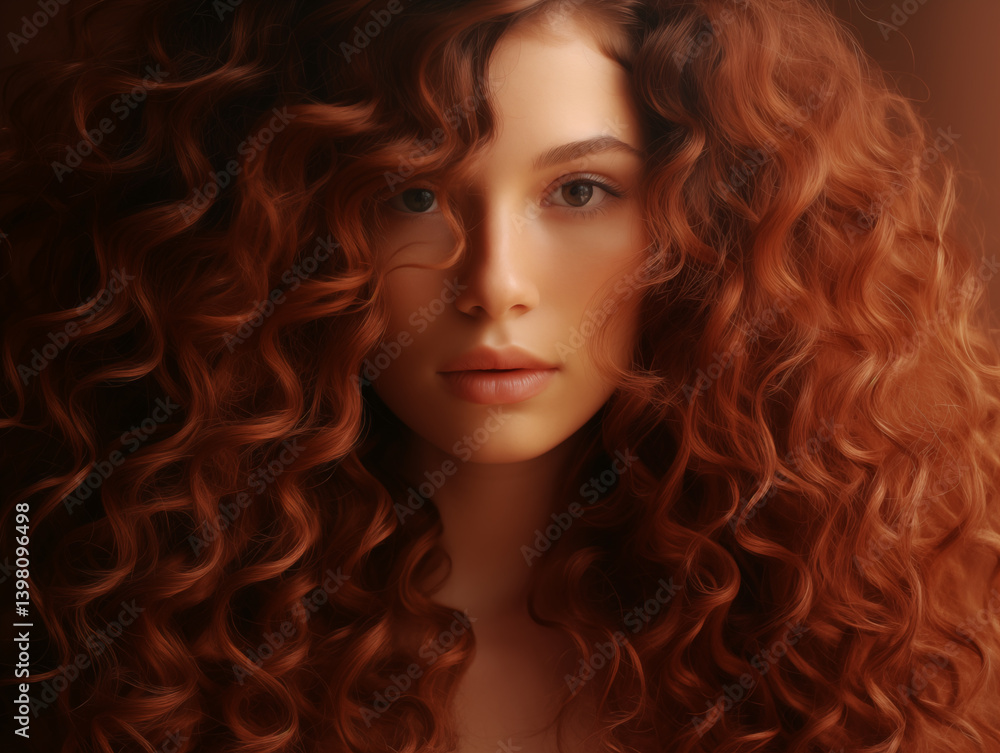 AI generated portrait of woman with voluminous curly red hair AI generated portrait of woman with voluminous curly red hair