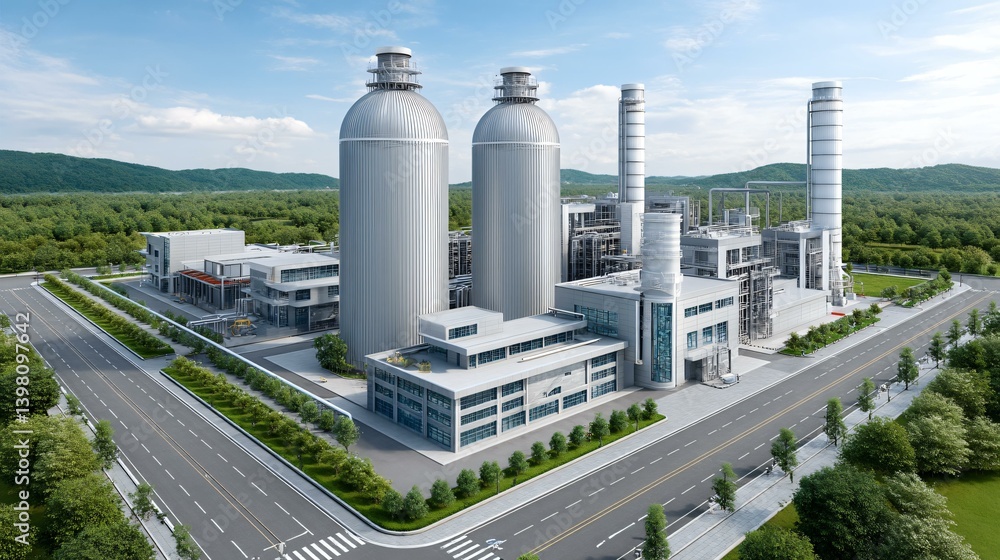 Fototapeta premium Natural gas conversion center with advanced biogas reactors and fuel output monitoring stations, real-world industrial layout