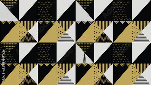 Seamless Geometric Pattern Background With Triangles In Black Gold And Grey