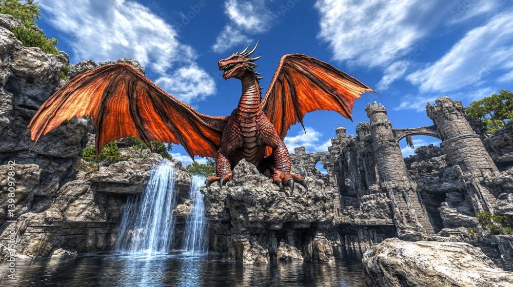 Red dragon fantasy waterfall castle digital art Red dragon fantasy waterfall castle digital art