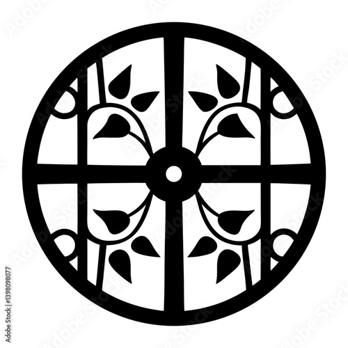 Circular Black and White Design with Floral Motifs and Geometric Patterns