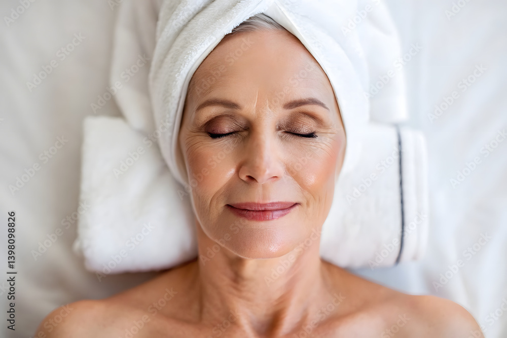senior woman enjoying wellness spa treatment, lying relaxed with towel on her head, promoting serene lifestyle.elderly senior woman enjoying wellness spa treatment, lying relaxed with towel on her head, promoting serene lifestyle.elderly