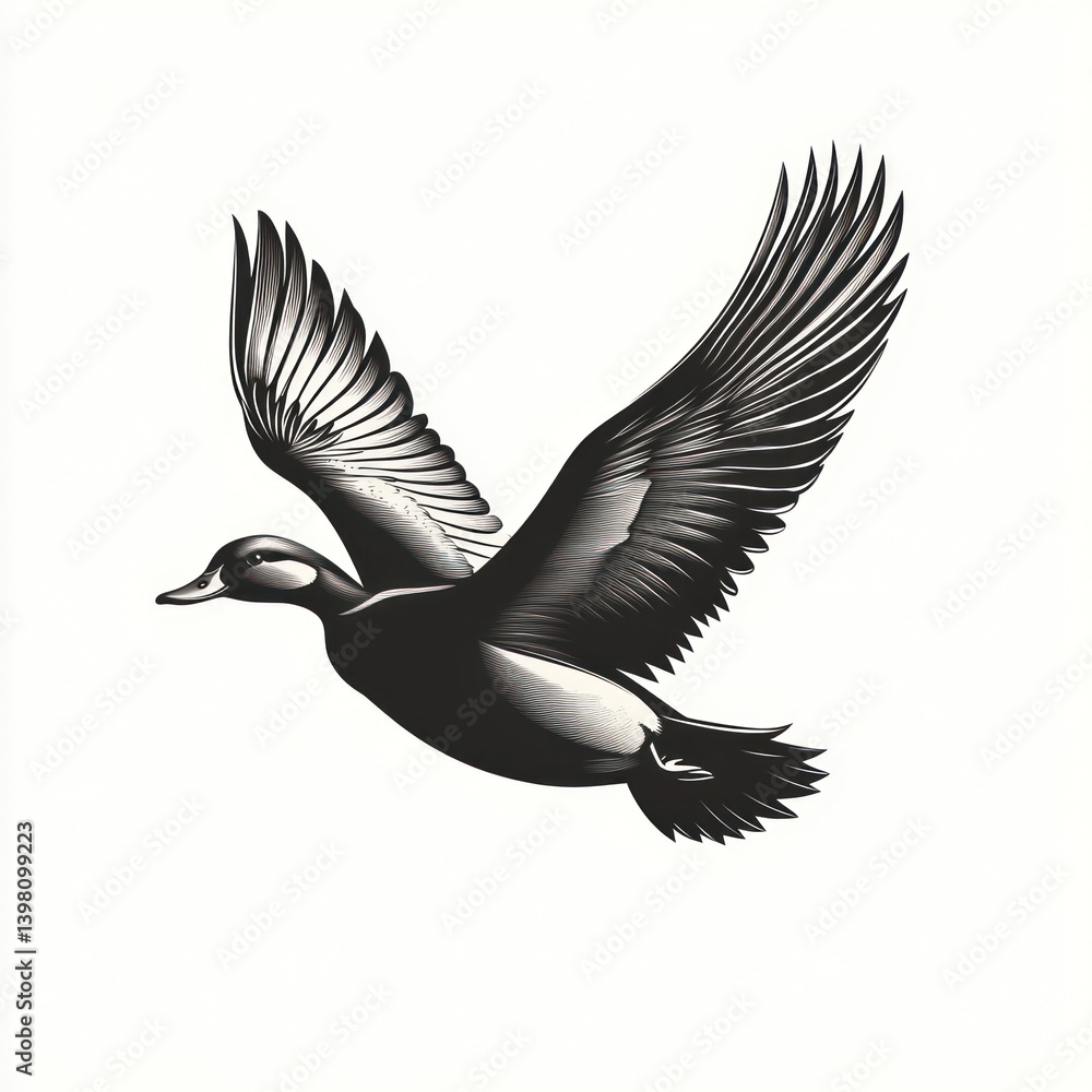 Obraz premium Monochrome duck flying, isolated, white background, design element