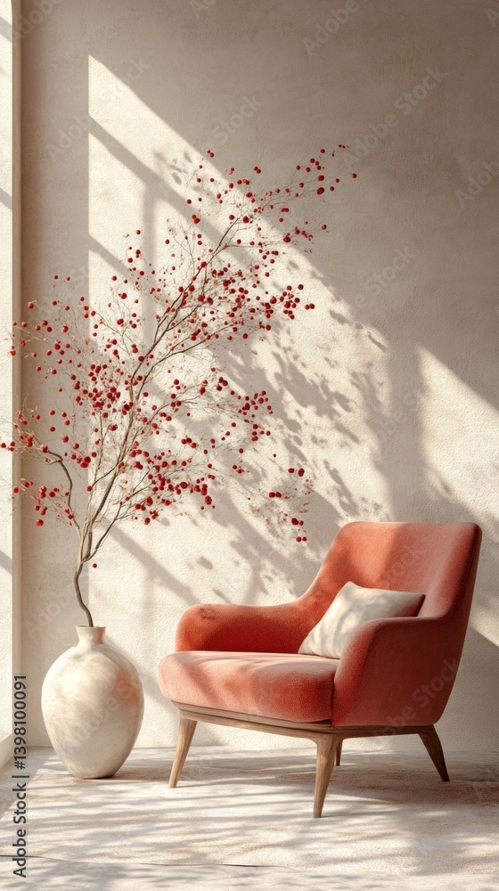 Cozy interior with chair and vase with branches of red berries on background light. Great for interior design and articles about comfort.