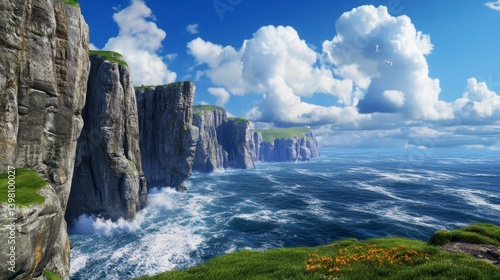 Dramatic Coastal Cliffs and Turbulent Ocean Waves Under a Bright Blue Sky