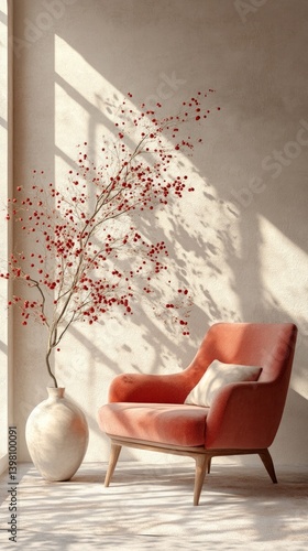 Obraz na płótnie Cozy interior with chair and vase with branches of red berries on background light. Great for interior design and articles about comfort. w salonie