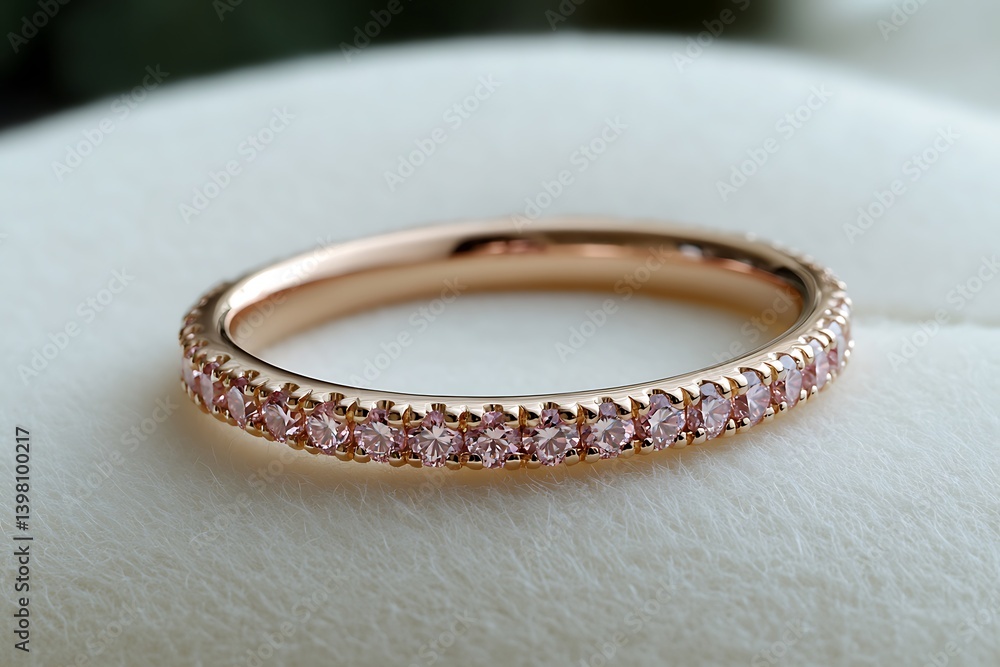 An elegant rose gold eternity band, lined with tiny pink diamonds, showcased on a soft white felt. An elegant rose gold eternity band, lined with tiny pink diamonds, showcased on a soft white felt.