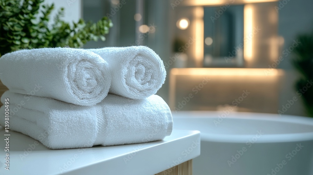 Stylish composition of white towels on white surface in modern bathroom. Suitable for textile advertising, blogs about bathroom design, articles about home comfort.