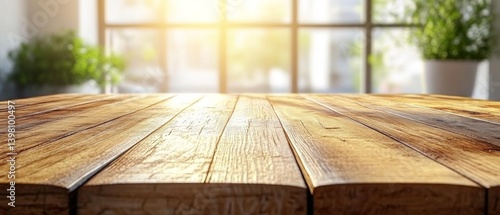 Obraz na płótnie Wooden table surface on background of cozy room with window and green plants. Ideal for blogs about interior design, furniture advertising, articles about home comfort. w salonie