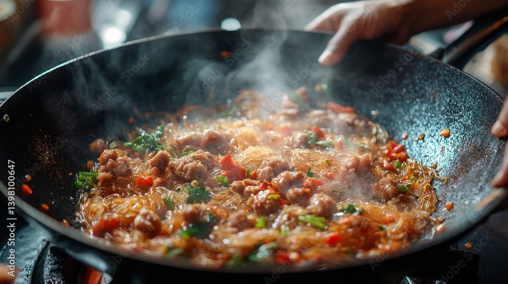 Fried meat with vegetables and noodles in wok, with parka and hand in background. Suitable for restaurant menus, cooking workshops, advertising of kitchen utensils