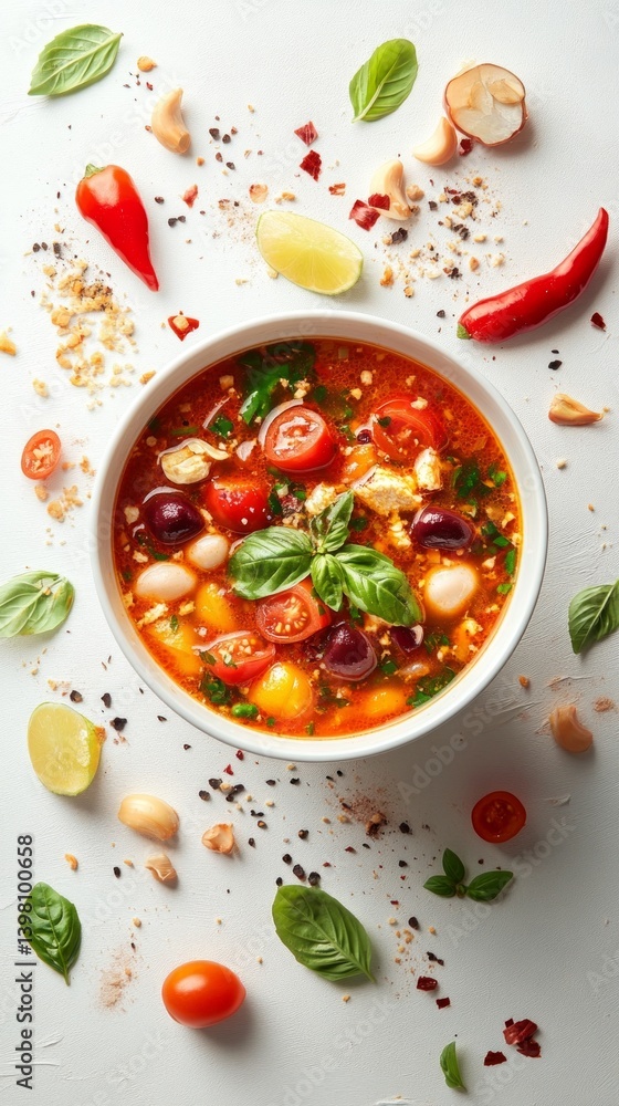 A bright and savory soup with tomatoes, basil and spices surrounded by fresh ingredients. Suitable for cooking blogs, recipes, food advertising.