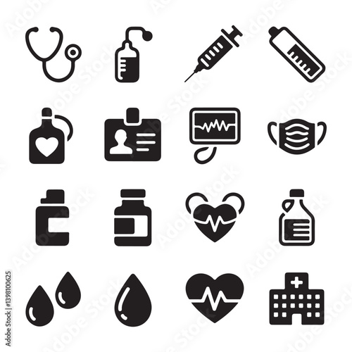 Icon Collection for Health Services - Stethoscope, Syringe, Medicine, Health Monitoring.