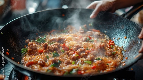 Obraz na płótnie Fried meat with vegetables and noodles in wok, with parka and hand in background. Suitable for restaurant menus, cooking workshops, advertising of kitchen utensils w salonie