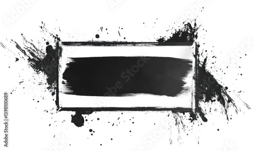 Grunge Ink Frame with Splatter and Brush Isolated on Transparent Background