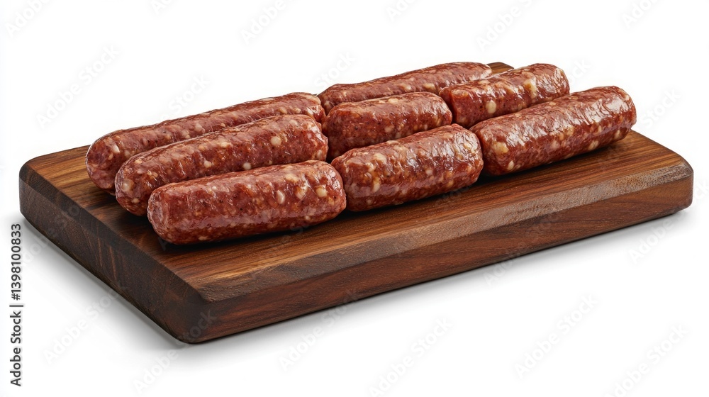 Raw sausages on wooden board on white background. Perfect for butcher stores, cooking recipes and food blogs.
