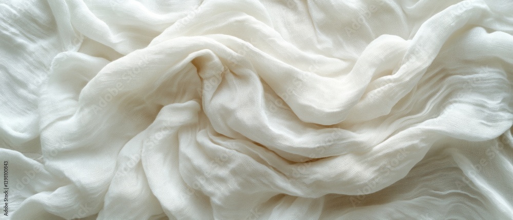 White fabric with wavy folds, used as a background. Suitable for interior design, textile stores and decor blogs.