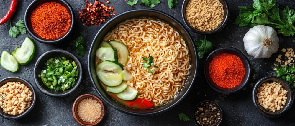 Appetizing ramen noodles with vegetables and spices in a bowl. Suitable for cooking blogs, recipes of Asian cuisine.