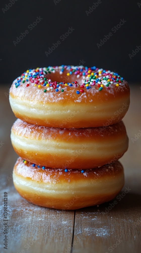 Three doughnuts in a stack with glaze and sprinkles, close-up. In cafe advertisements, articles about desserts, posts about sweets.