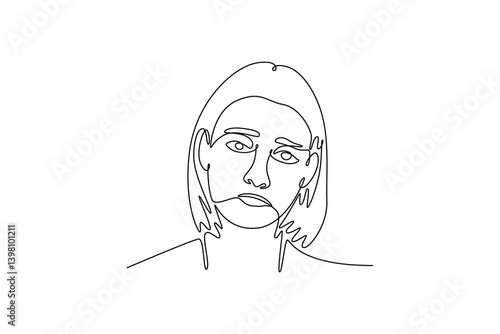 woman sulking, frowning and looking upset, distressed frustrated face expression. Expression concept. Single line draw design. Vector graphic illustration