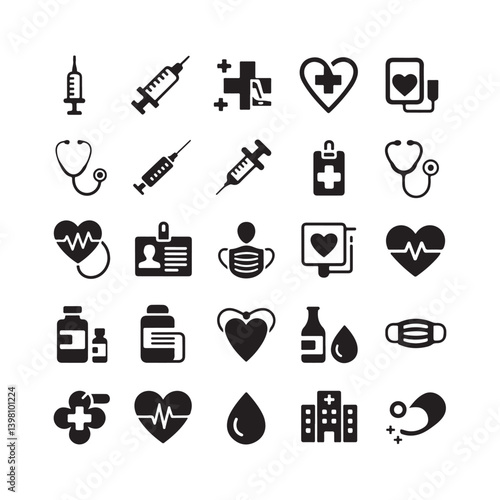 Set of Medical and Health Icons for Healthcare Applications - Syringe, Heart, and Hospital.