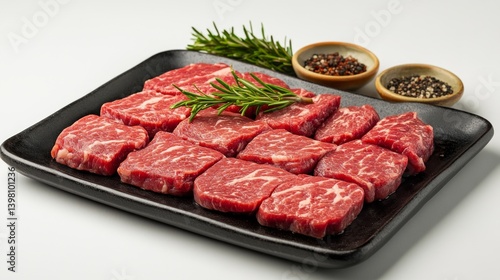 Obraz na płótnie Raw meat on tray with rosemary and pepper on dark background. Useful for cooking blogs, recipes, advertising of meat products. w salonie