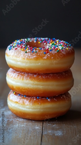 Obraz na płótnie Three doughnuts in a stack with glaze and sprinkles, close-up. In cafe advertisements, articles about desserts, posts about sweets. w salonie