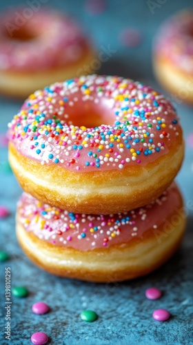 Two pink donuts with colorful sprinkles, detailed view. Blogs about baking, pastry shop advertising, children's parties.