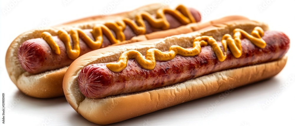 Two juicy hot dogs with mustard, great for fast food ads, cafe menus, food blogs.