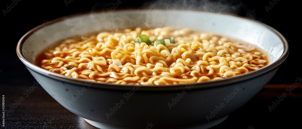 Appetizing plate with noodles and shrimp, decorated with fresh vegetables and herbs. Suitable for cooking blogs, restaurant menus, social networks.