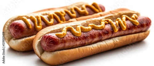 Obraz na płótnie Two juicy hot dogs with mustard, great for fast food ads, cafe menus, food blogs. w salonie