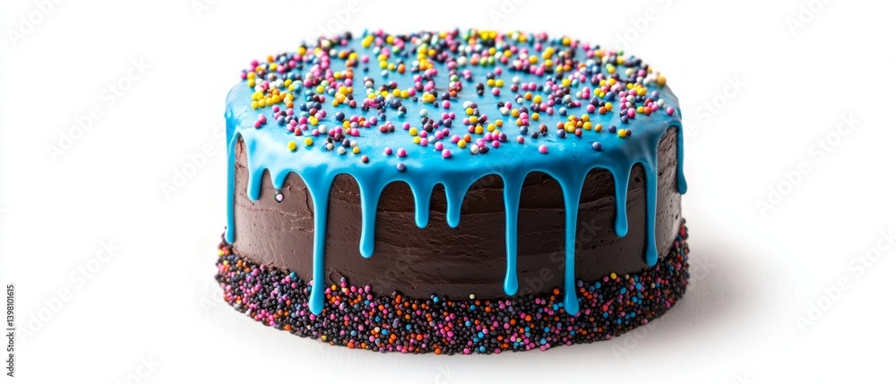 Cake with chocolate cream and blue icing, decorated with colorful sprinkles, suitable for cooking blogs and confectionery advertising.