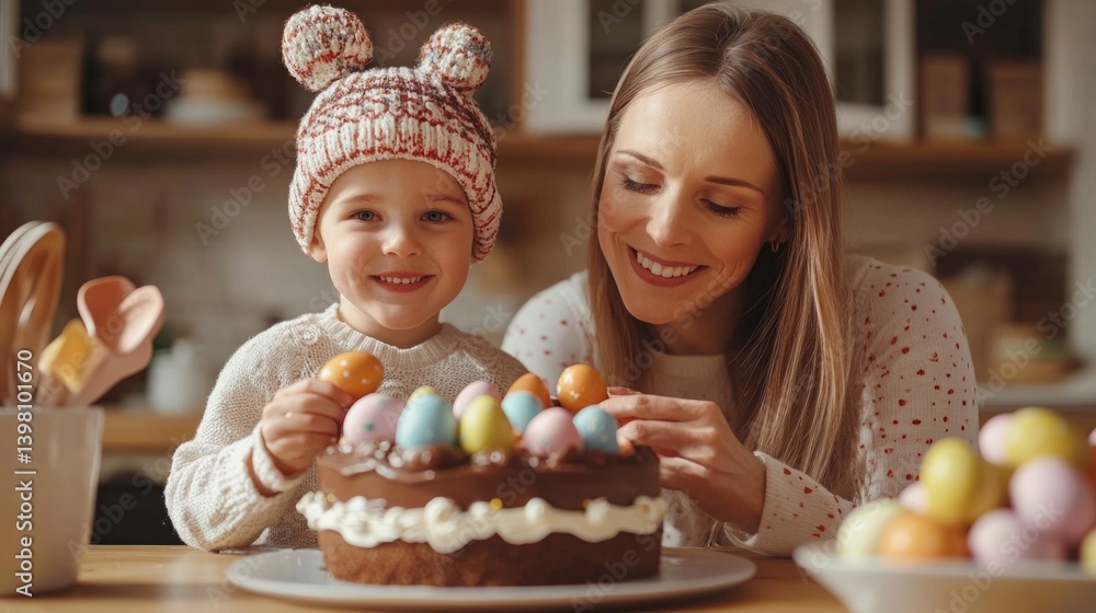 Mother and daughter decorate an Easter cupcake with brightly colored eggs in a warm kitchen. Family Feasts, Cooking Blogs.