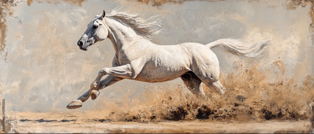 White horse in jump on the background of blurred landscape with vintage effect. Suitable for art projects and advertising.