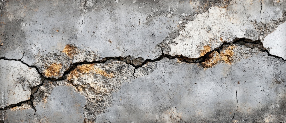 Close-up of a crack on an old concrete wall with peeling paint. Background for creating textures or accents in graphic design.