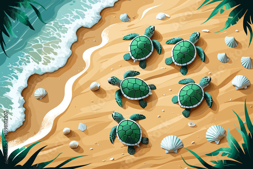 Green sea turtle hatchlings making their way across the beach towards the ocean
