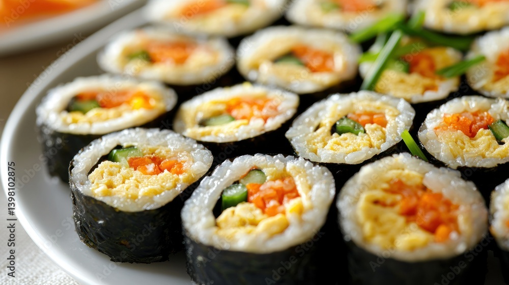 Colorful sushi rolls on plate, sliced display, with background of more food Colorful sushi rolls on plate, sliced display, with background of more food
