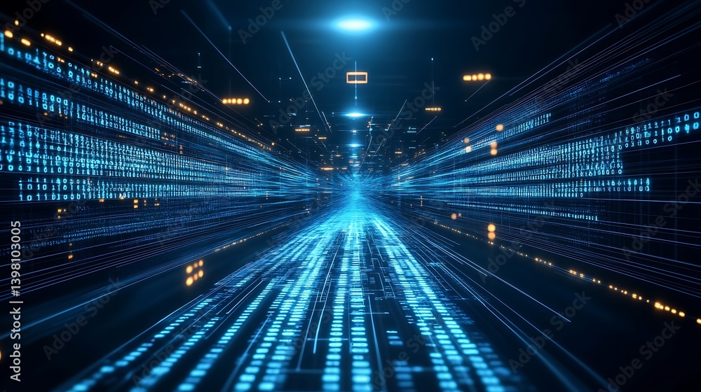 A futuristic digital pathway illuminated by streams of binary code. A futuristic digital pathway illuminated by streams of binary code.