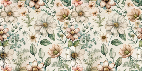 An elegant floral pattern featuring soft, muted colors and delicate flowers.